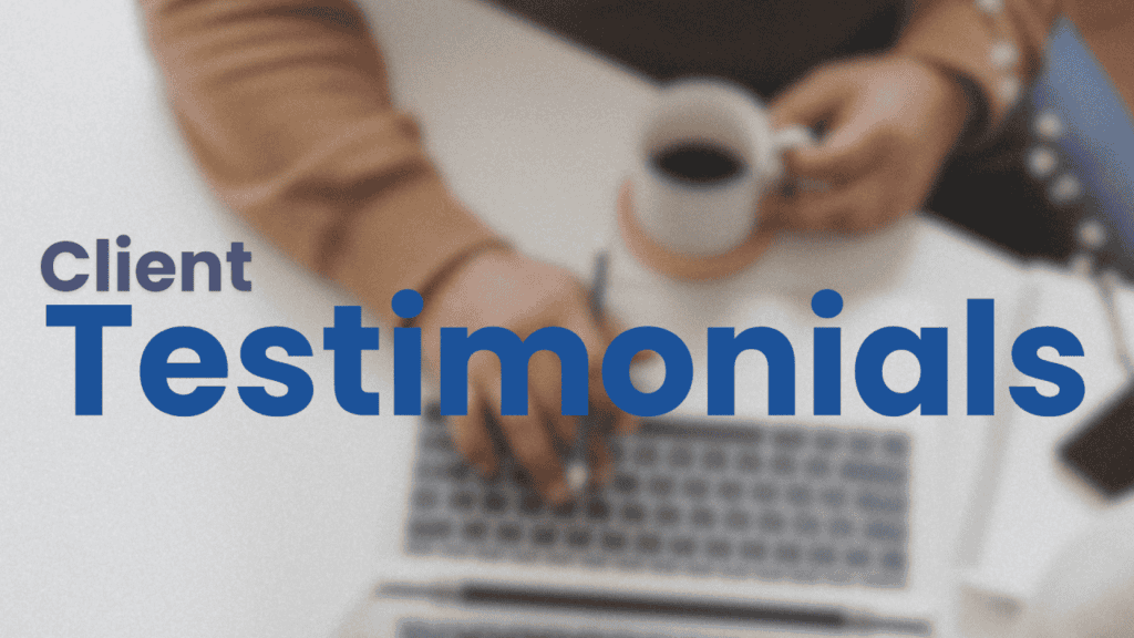 A person holds a coffee cup while typing on a laptop, with the text "Client Testimonials" overlaid. Stay informed about potential security risks of client testimonials to ensure safe and effective feedback sharing.