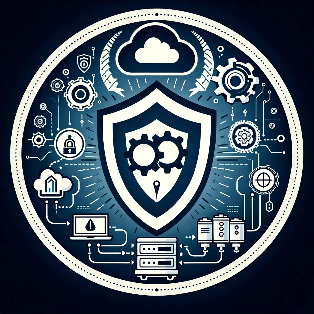 A business continuity plan shield with gears and icons around it.