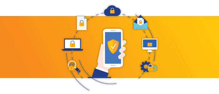 Graphic illustrating a hand clutching a smartphone with a checkmark on the screen, encircled by icons symbolizing cybersecurity elements like locks and shields, highlighting five reasons to invest in a password management system