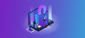 Isometric illustration of data security in a WFH setup showing people working around a large smartphone with a padlock icon.