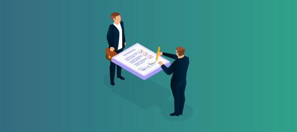 Two businessmen discussing over a large chart related to cyber insurance, one holding a briefcase, in an isometric illustration.