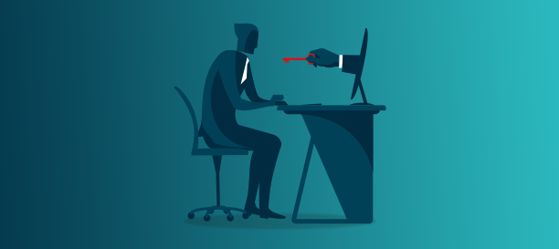 A silhouette of a man working at a desk, interacting with a robotic arm holding a pencil, all set against a teal background, representing the concepts of VPN 101: Remote access and safety.