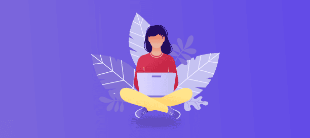 A graphic illustration of a woman sitting cross-legged with a laptop, surrounded by leaves on a purple background, promoting awareness about free Covid vaccines.