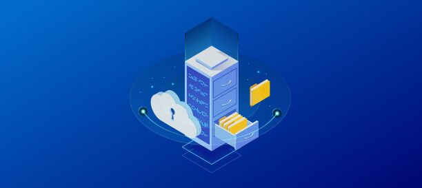 Illustration of a digital data center with cloud computing icons and floating files, set against a dark blue gradient background. Ensure your organization's data integrity after an employee quits.