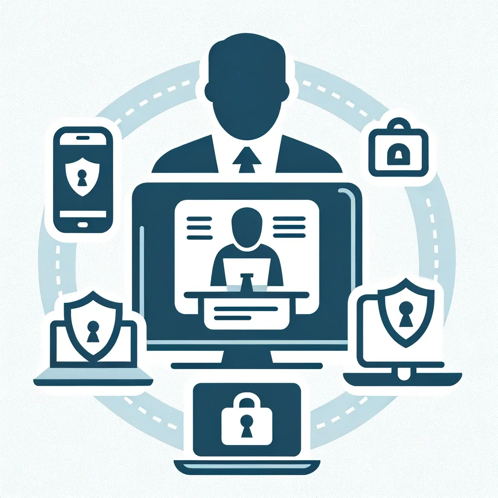 An illustration of a man with a laptop surrounded by other devices, emphasizing the importance of SMB Cybersecurity.