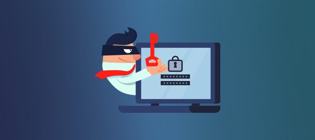 A cartoon graphic of a masked thief character with a red scarf breaking a lock on an SD-WAN system screen, implying cybercrime.