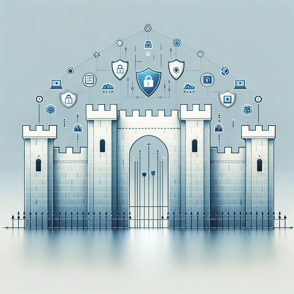 An image of a castle displaying icons representing layered security measures.
