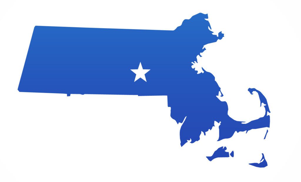 A blue map of Massachusetts available at Triton Technologies.