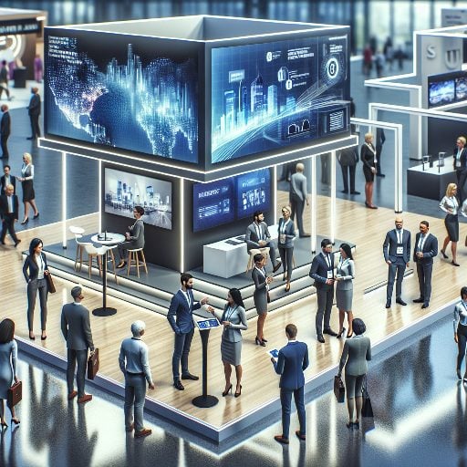Business professionals networking at a trade show.