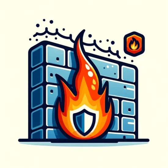 An illustration of a firewall and a shield on a wall, representing the importance of firewall strategies in protecting small businesses against cyber threats.
