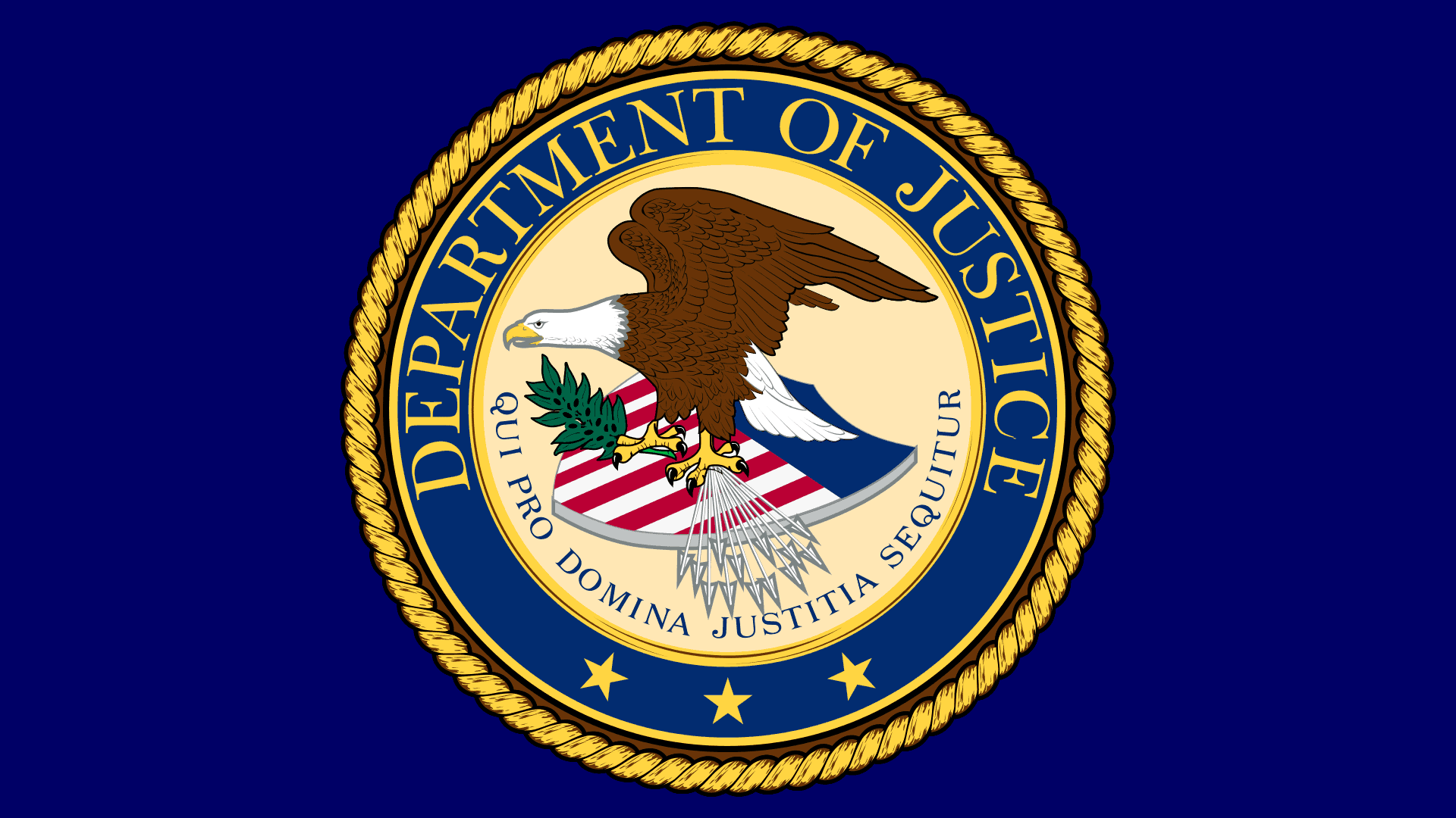 The Seal of the United States Department of Justice, featuring an eagle, shield, and the motto "Qui Pro Domina Justitia Sequitur" on a blue background, symbolizes commitment to justice as it works to take down Lockbit and other cyber threats.