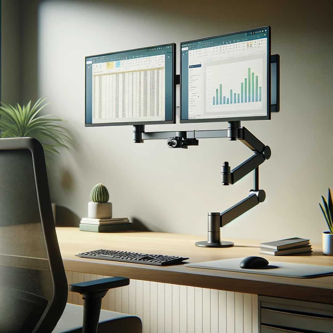 A Multi-Monitor Setup desk with two monitors on it, enhancing productivity.