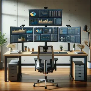 A productivity-enhancing business setup featuring a desk with multiple monitors and a comfortable chair.