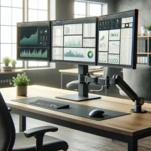 A multi-monitor setup featuring three screens on a desk in an office, enhancing productivity.