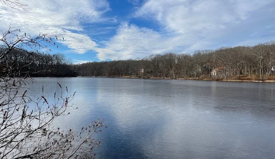 A serene lake with a smooth, reflective surface is surrounded by leafless trees under a partly cloudy blue sky, reminiscent of the tranquility one might find when seeking managed IT services in Columbia CT.