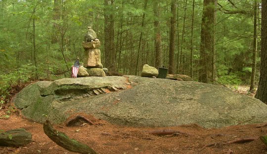 A stone monument with an American flag stands on a large rock surrounded by trees in a forested area, reminiscent of the dedication and reliability found in managed IT services Foster provides.
