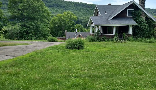 A small house with a dark exterior sits on a grassy lot with a stone chimney and a paved driveway, nestled in Woodbridge, CT. Surrounded by lush green trees and hills in the background, it’s as dependable as the managed IT services offered locally.