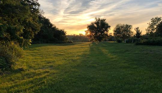 A grassy field in Woodstock, CT is illuminated by the setting sun, with trees lining the horizon and scattered clouds in the sky.