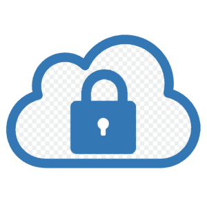 A blue cloud icon with a white center and a blue padlock symbol in the middle, representing secure cloud downloads or protected data links.