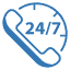 Blue icon of a phone handle over a clock with "24/7" inside, symbolizing continuous healthcare IT solutions for round-the-clock service.