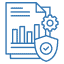 Blue icon of a document with bar charts, a gear, and a shield with a checkmark, symbolizing the integration of Manufacturing IT for enhanced data security and analysis.