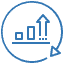 Blue icon of a bar chart with three ascending bars and an upward arrow, symbolizing growth in Manufacturing IT, encircled by a curved line with an arrowhead.