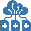 Cloud network icon featuring three connected folders, each with a medical cross symbol, highlighting innovative healthcare IT solutions.