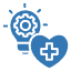 A blue icon depicts a lightbulb with a gear inside, symbolizing innovation, alongside a heart featuring a medical cross. This fusion beautifully represents cutting-edge healthcare IT solutions.