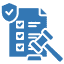 Blue icon of a checklist with check marks next to each item, and a gavel positioned in the lower right corner, symbolizing the assurance provided by advanced Insurance Technology Solutions.