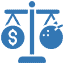 Icon depicting a balance scale with a dollar sign on one side and a globe on the other, symbolizing economic and environmental considerations within the realm of law and IT.