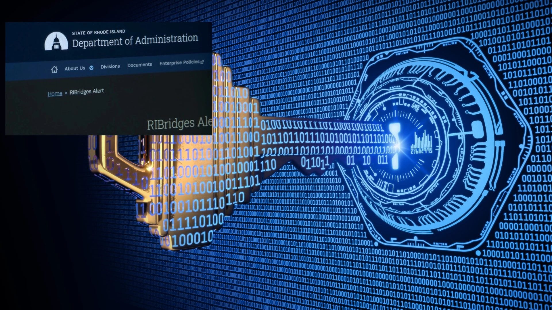 A digital key over binary code with a pop-up window showing "State of Rhode Island, Department of Administration.
