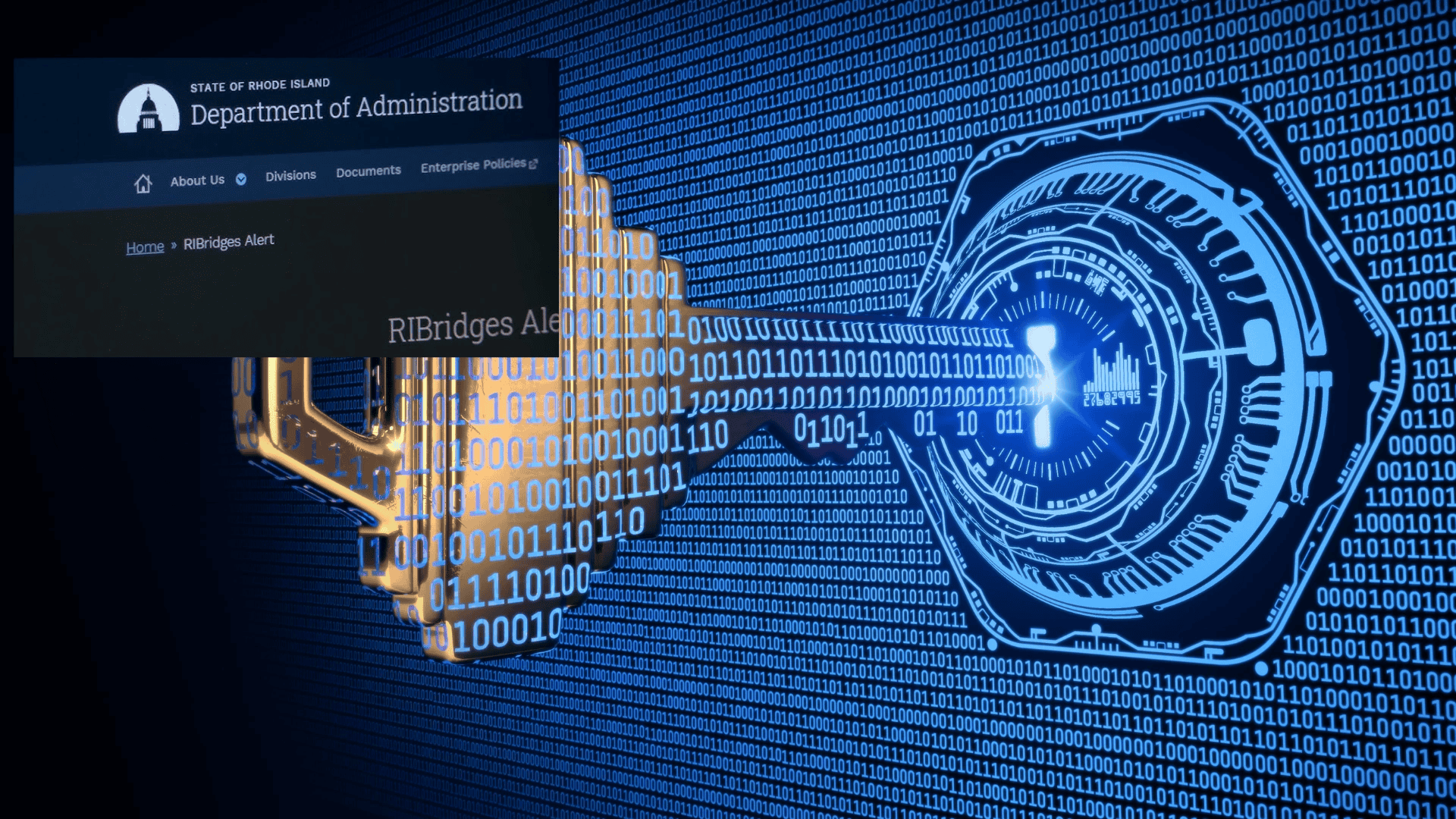 A digital key over binary code with a pop-up window showing "State of Rhode Island, Department of Administration, RI Bridges Alert," highlighting cybersecurity for small businesses.