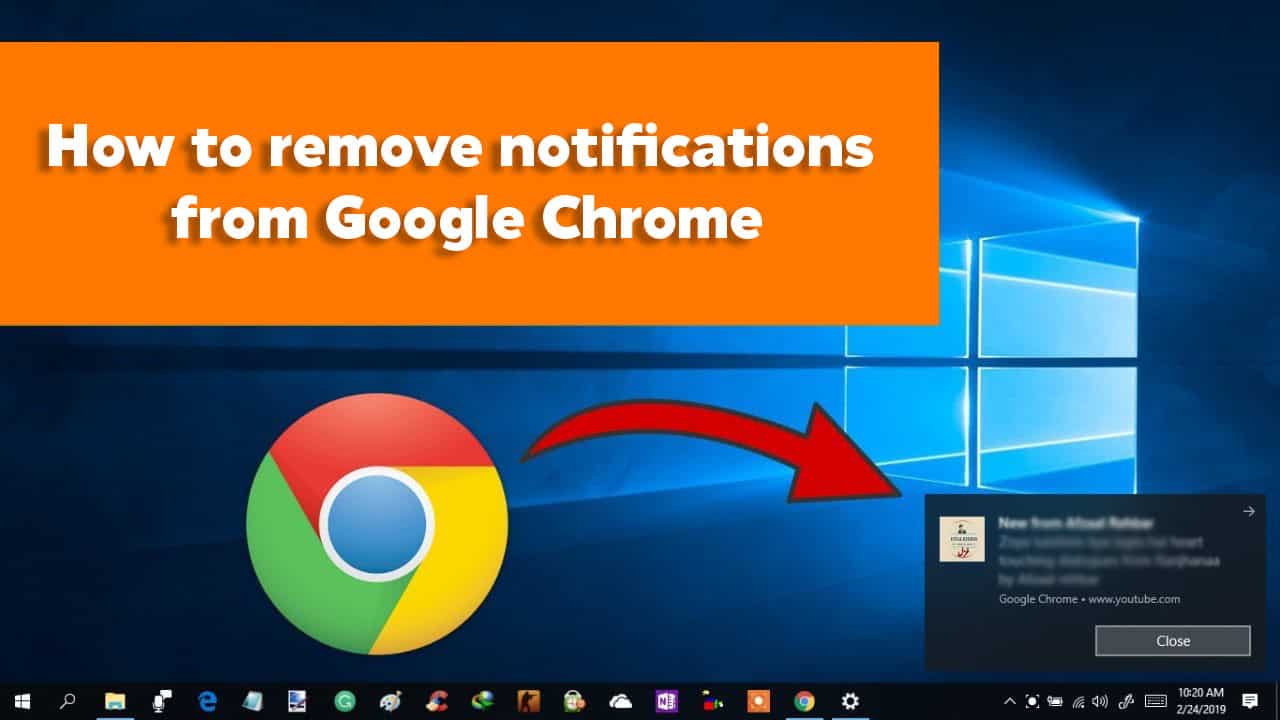 A screenshot illustrates how to stop Google Chrome notification spam, featuring the browser's logo, a guiding arrow, and an example of a pop-up notification.