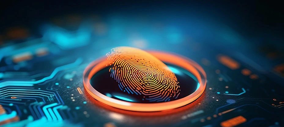 A lit-up fingerprint scanner on a circuit board glows in blue and orange colors.