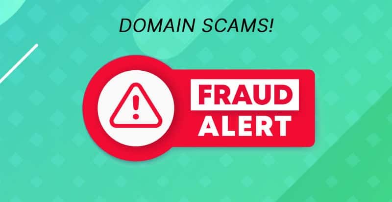 Graphic featuring a "Fraud Alert" sign and "Domain Scams" text on a teal geometric background, highlighting the potential threats akin to RIBridges ransomware attacks.