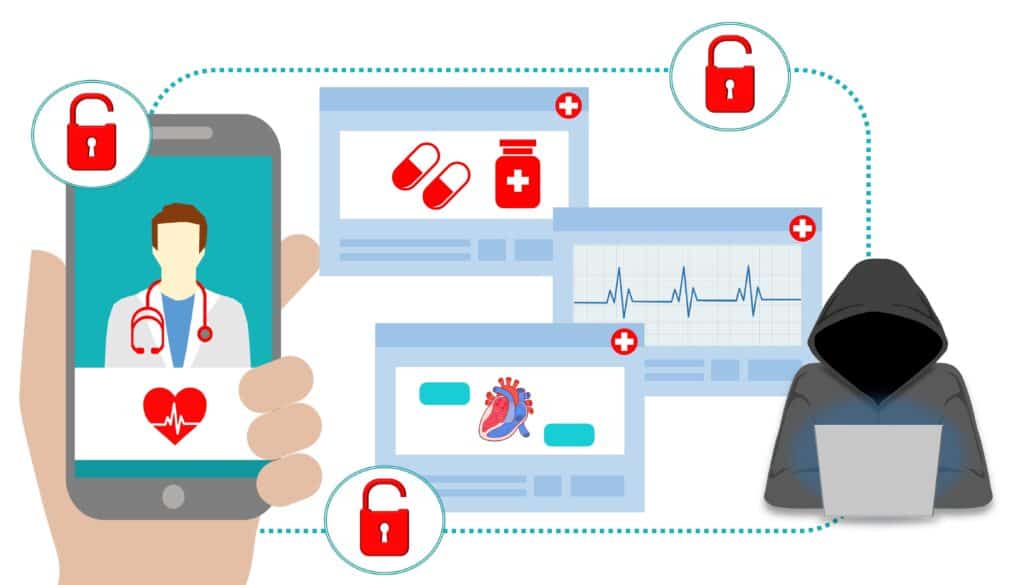 Illustration showing a hand holding a smartphone with a doctor icon, medical data screens, padlock icons, and a hooded person with a laptop, depicting data security in healthcare.