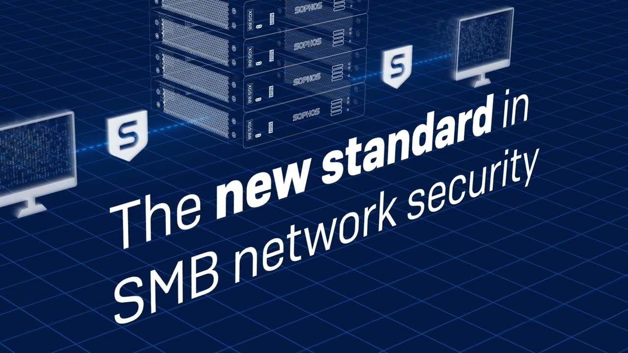 Graphic showing servers and computers with text: "The new standard in SMB network security, now enhanced with the Sophos XGS Firewall Upgrade.