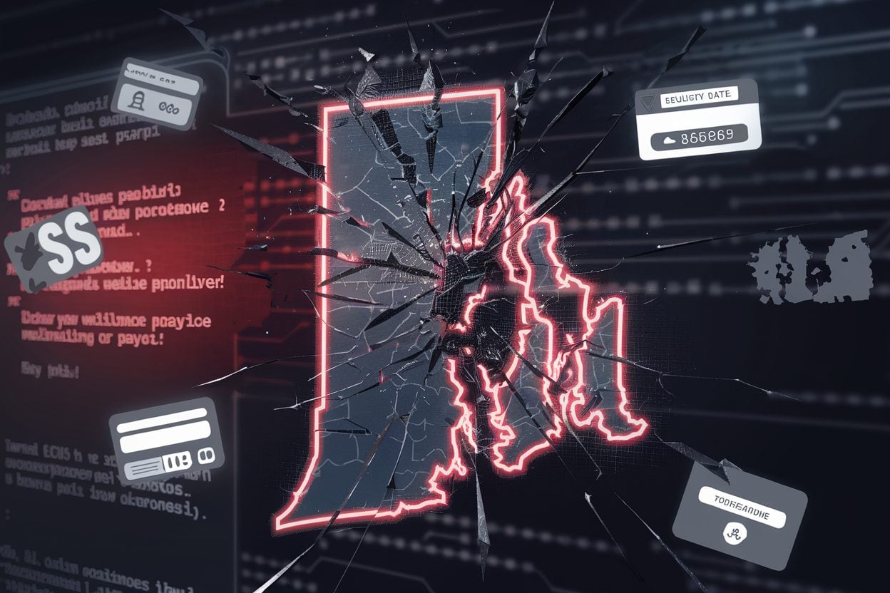 Digital illustration of Rhode Island with a fractured surface, surrounded by code and icons of personal data.