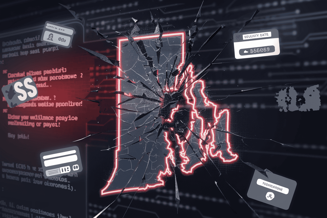 Digital illustration of Rhode Island with a fractured surface, surrounded by code and icons of personal data, highlighting the importance of cybersecurity for small businesses to prevent data breaches or cyber attacks.