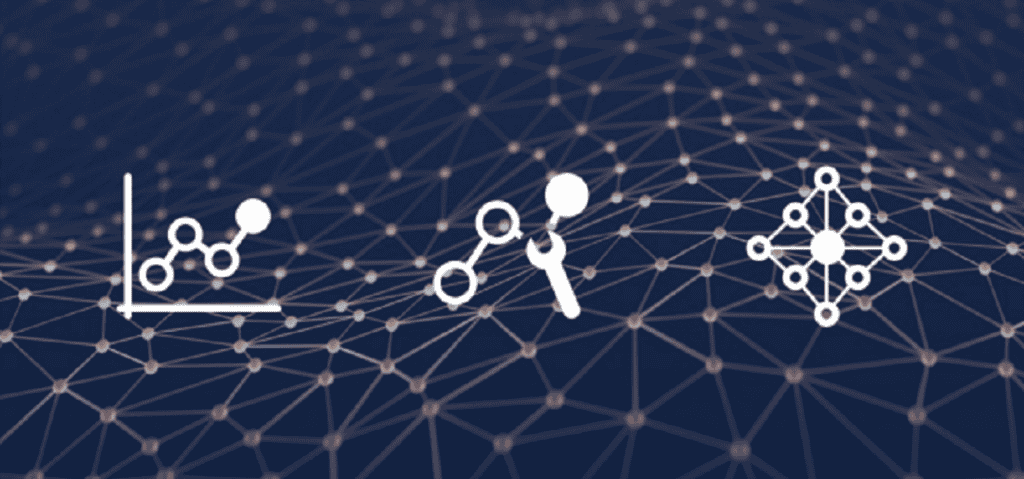 Three white icons on a blue network background evoke Project Axiom's innovative spirit: a graph showing connected nodes, a wrench symbolizing Triton's technological finesse, and a central hub with surrounding nodes representing cutting-edge solutions.