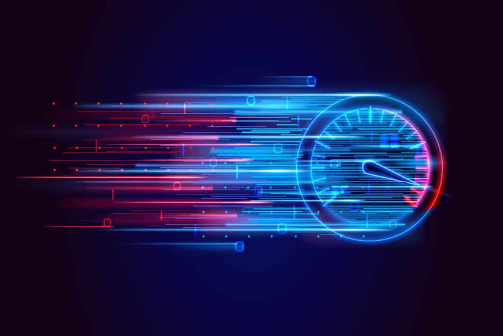 Blue and red glowing tachometer with motion lines, enhanced by Project Axiom, indicating high speed on a dark background.