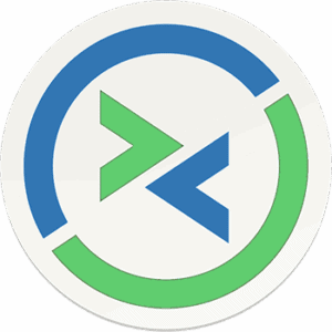A circular logo featuring blue and green arrows pointing toward each other, symbolizing download and links, enclosed by partial blue and green rings on a white background.