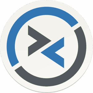 A circular logo with blue and dark gray chevron shapes pointing towards each other, symbolizing download links, enclosed by matching partial rings on a white background.