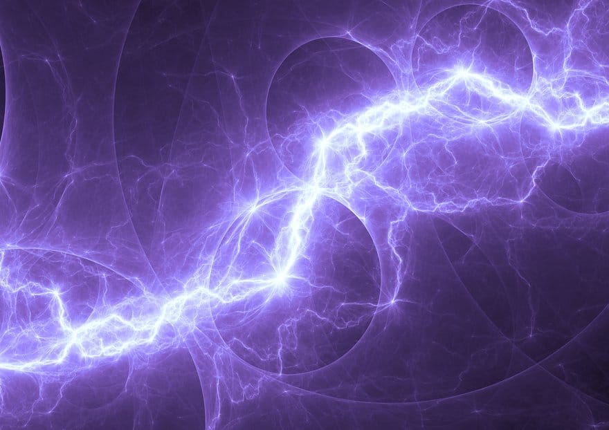 A jagged bolt of bright, purple lightning arcs across a dark, swirling, abstract background—evoking the power and energy of cloud servers for small business.