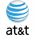 AT&T logo featuring a blue and white striped globe above the lowercase letters "at&t" in black text, highlighting its collaboration with Triton Technologies partners.