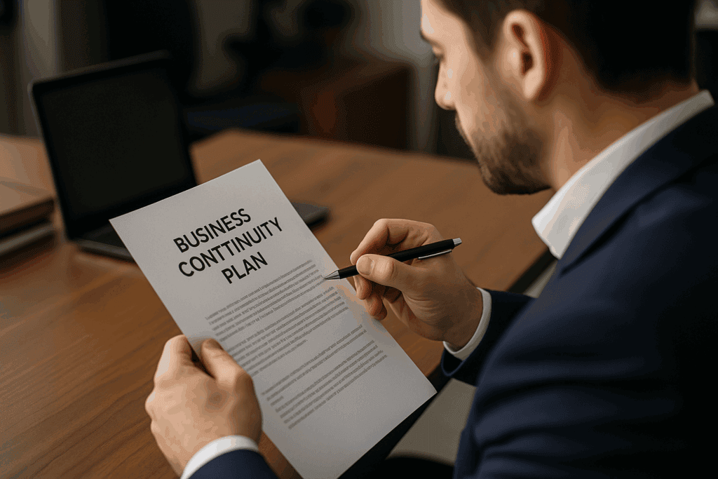 A man in a suit reviews a printed document titled "Business Continuity Plan" while seated at a desk with a laptop, focusing on ransomware protection for small business.