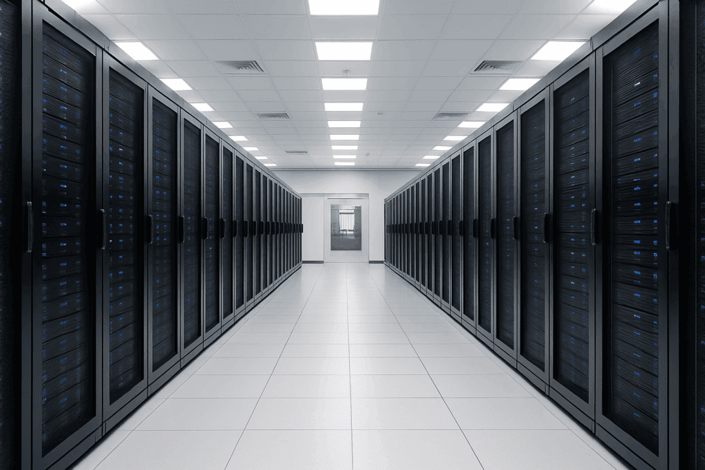 A modern data center with two rows of server racks hosts cloud servers for small business in a brightly lit, white room, with a door visible at the far end.