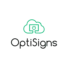 OptiSigns logo with a green cloud outline containing a screen and power symbol above the text "OptiSigns" on a white background, highlighting its collaboration with Triton Technologies partners.