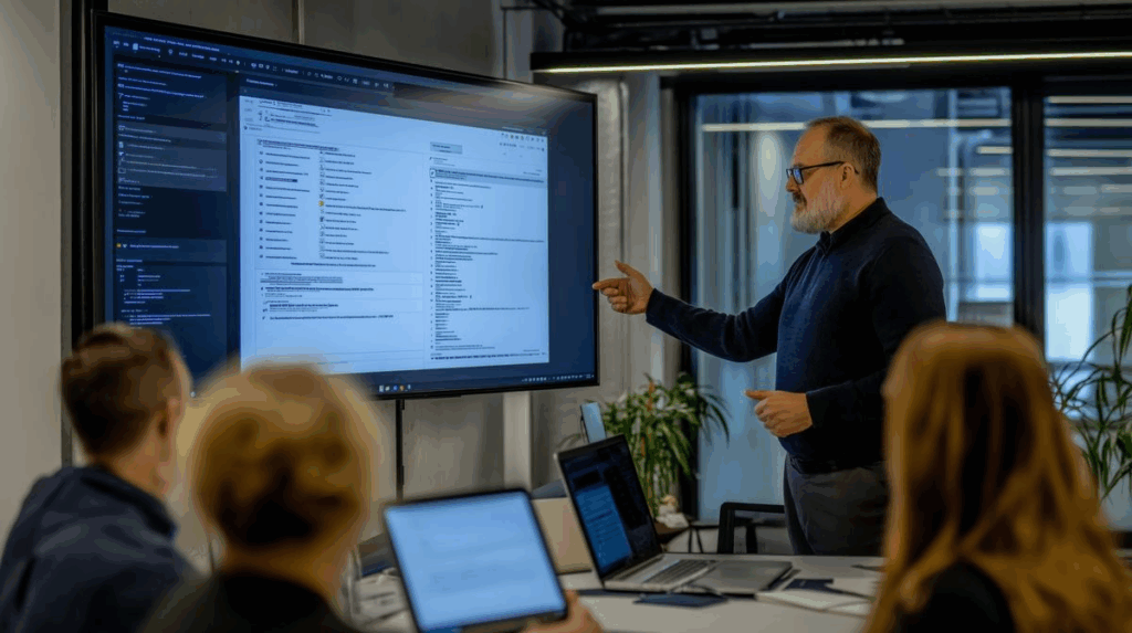 A man stands and points to a large monitor displaying a document on cybersecurity for small business, while three seated people with laptops watch and take notes in a modern office setting.
