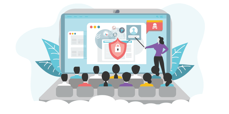 Illustration of a person giving a cybersecurity for small business presentation to an audience, with a large screen displaying security icons and warning symbols.